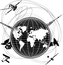 El planeta tierra rodeado de antenas de radio y otras señales.