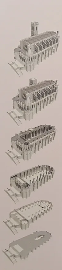 Plano que muestra diferentes imágenes de las faces de construcción de la Basílica Santa María de La Seu de Manresa.